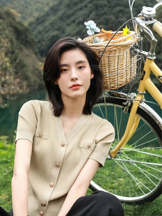 正品哥家新款2026夏季V领显瘦修身冰丝针织开衫短袖T恤女气质上衣