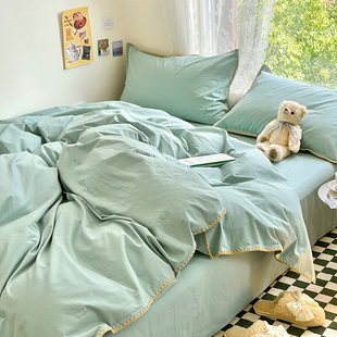 困觉KUNGAO床上四件套纯棉三角针贝壳边被套床单简约纯色水洗全棉