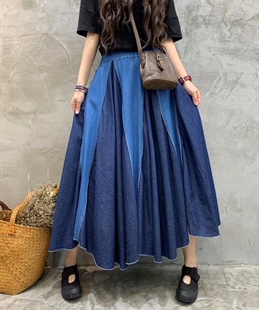 松紧腰拼接天丝牛仔裙女薄款 新款 宽松透气半身裙 2021夏季 外贸女装