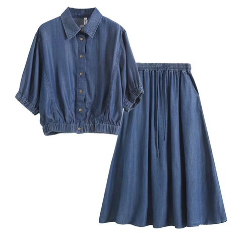 天丝牛仔2023夏季衬衫半身裙套装