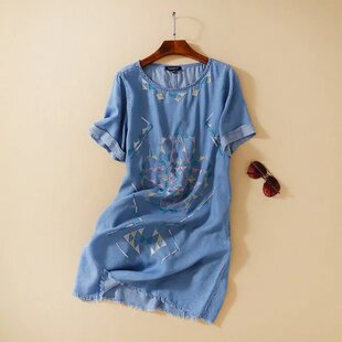 外贸单2019夏季 圆领刺绣天丝连衣裙女宽松显瘦毛边下摆牛仔裙 新款