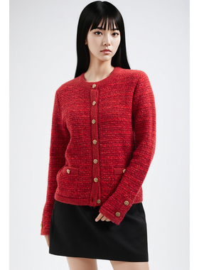 小香风红色羊毛针织开衫女圆领金属扣百搭外套
