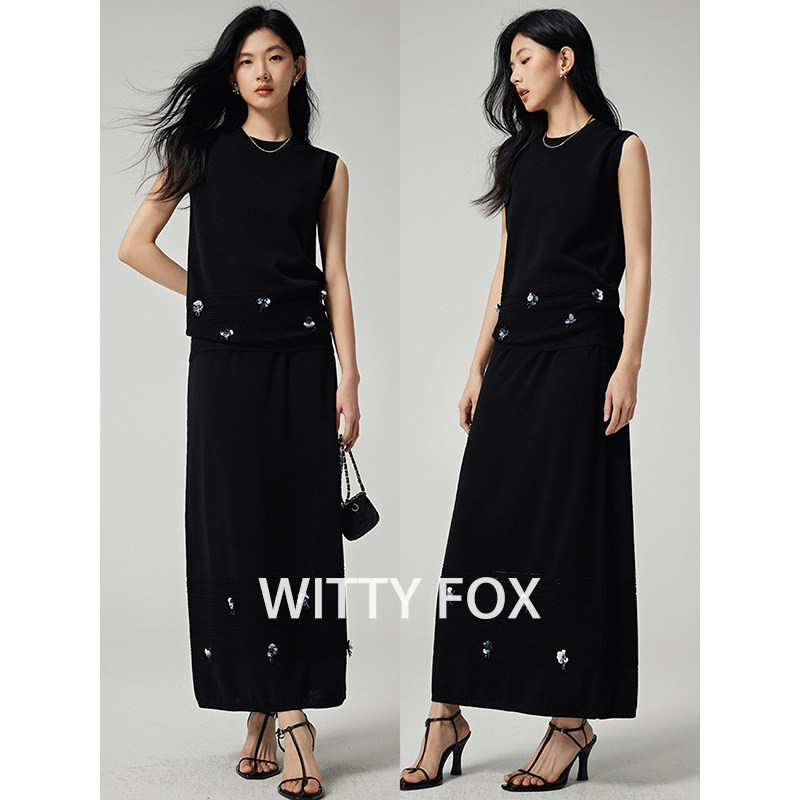 WITTYFOX高定手工坊钉珠吸湿透气天丝亚麻镂空针织背心半身裙套装 - 实物图
