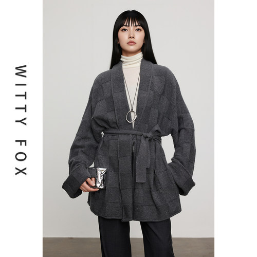 WITTYFOX羊毛正反目格纹针织开衫