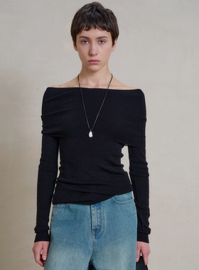 WITTYFOX羊毛大翻领一字肩针织衫女高级感修身显瘦打底衫洋气上衣