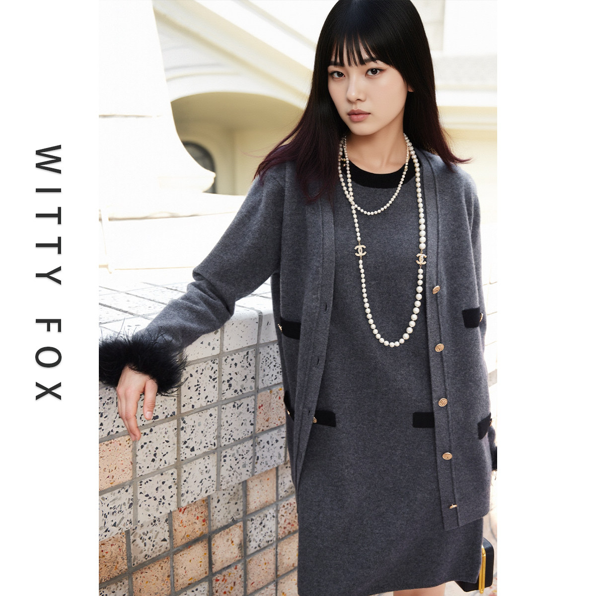 WITTYFOX强缩羊毛Miu风针织开衫女毛衣背心连衣裙两件套