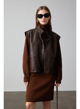 WITTYFOX高阶VTG油蜡羊皮时髦酷飒宽松廓形皮衣马甲外套