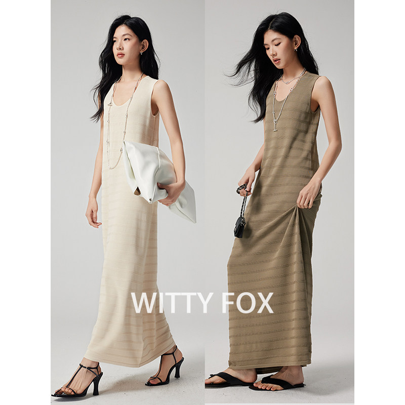 WITTYFOX经典極简透气桑蚕丝天丝针织无袖背心连衣裙纸片人op长裙