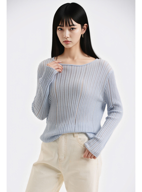 WITTYFOX镂空羊毛真丝天丝混纺阔领长袖纱针织衫喇叭袖2025秋新款