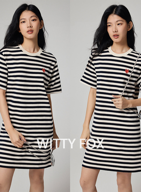 经典时髦小狐狸色织条纹T恤裙女夏中长款宽松懒人连衣裙