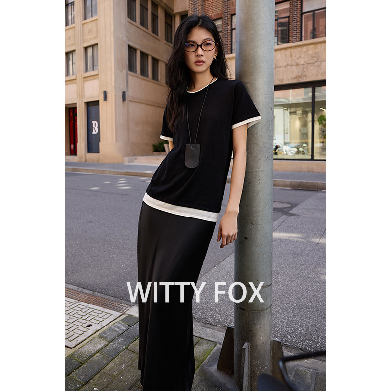 WITTYFOX刚需必入miu风撞色修身显瘦针织连衣裙假两件短袖T恤女夏