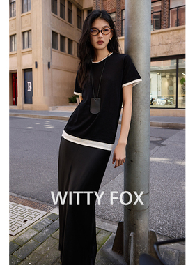 WITTYFOX刚需必入miu风撞色修身显瘦针织连衣裙假两件短袖T恤女夏