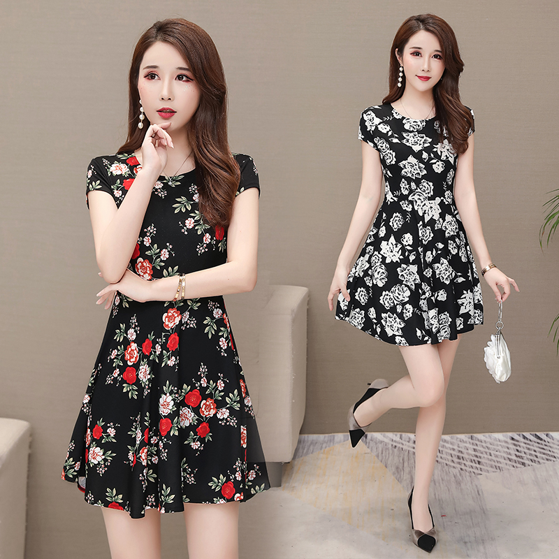 Summer new mid long mother's floral middle-aged large size dress with short sleeve print bottom A-line skirt
