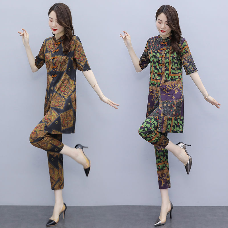 Summer new style women's leisure fashion printing set foreign style show thin two piece set Korean nine cent Pants Set women's fashion