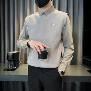 2025新款高端店主风假两件针织衫翻领气质男士打底衫4505 P88图片