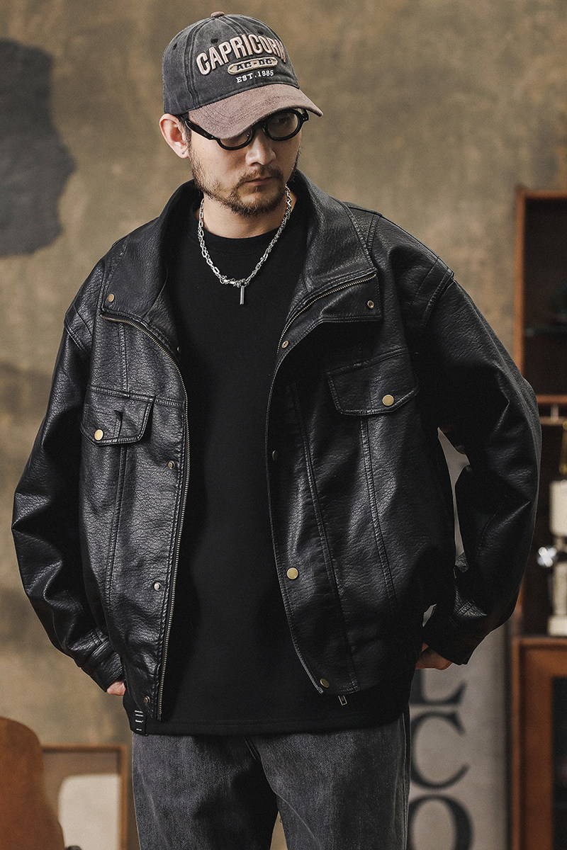 日系复古皮衣外套男春秋美式皮夹克宽松潮牌机车服上衣7806P155,男装夹克,星座615（原A358-1）