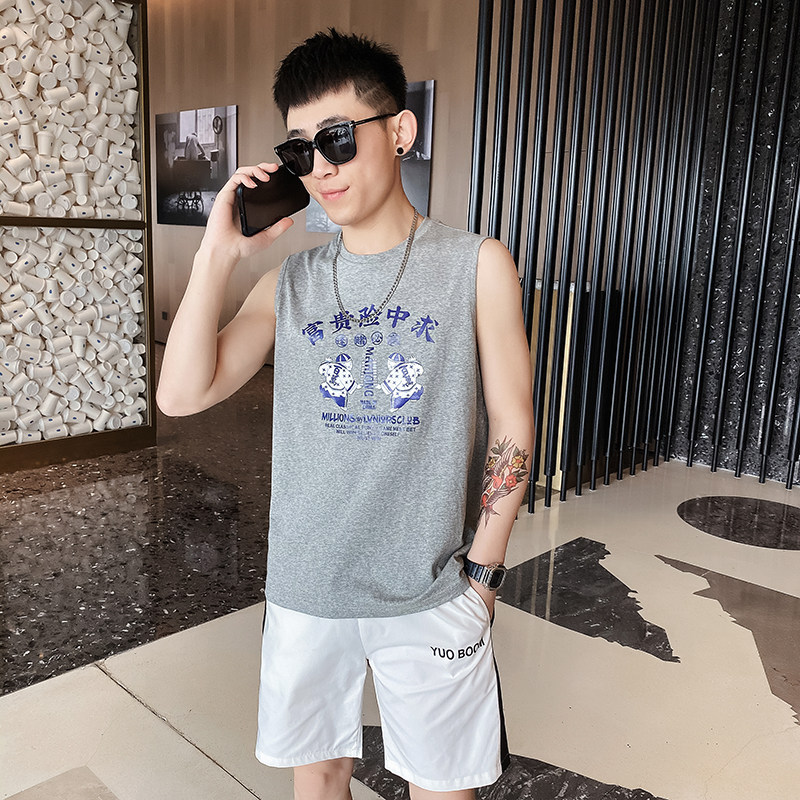 夏季薄款无袖T恤潮流男汗背心潮牌外穿坎肩纯棉百搭宽松T008 P25图片