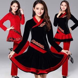 跳舞衣春秋长袖 广场舞服装 中老年大码 套装 金丝绒舞蹈服女套裙 新款