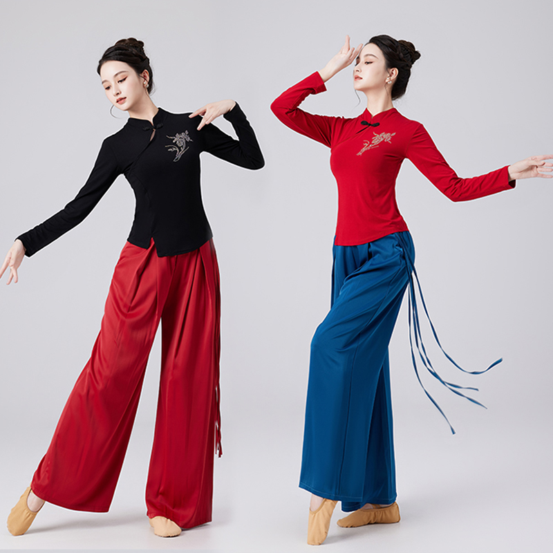 长袖广场舞套装莫代尔镶钻舞蹈衣