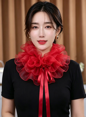 秋冬木耳边网纱飘带丝巾围脖女