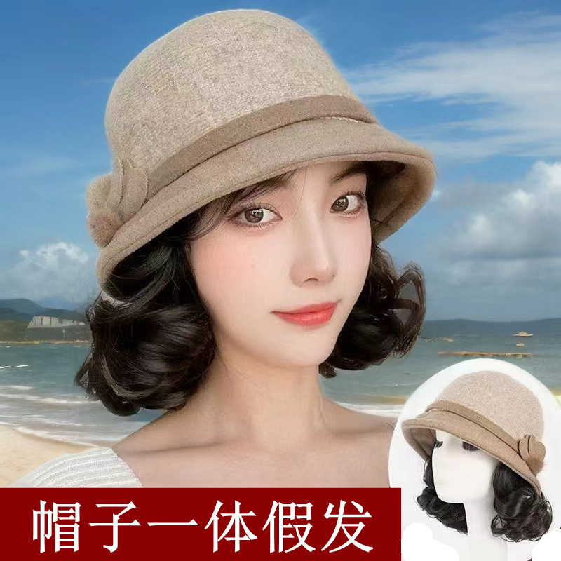 秋冬新款帽子假发女时尚外翻卷妈妈帽一体保暖加厚毛呢渔夫帽假发
