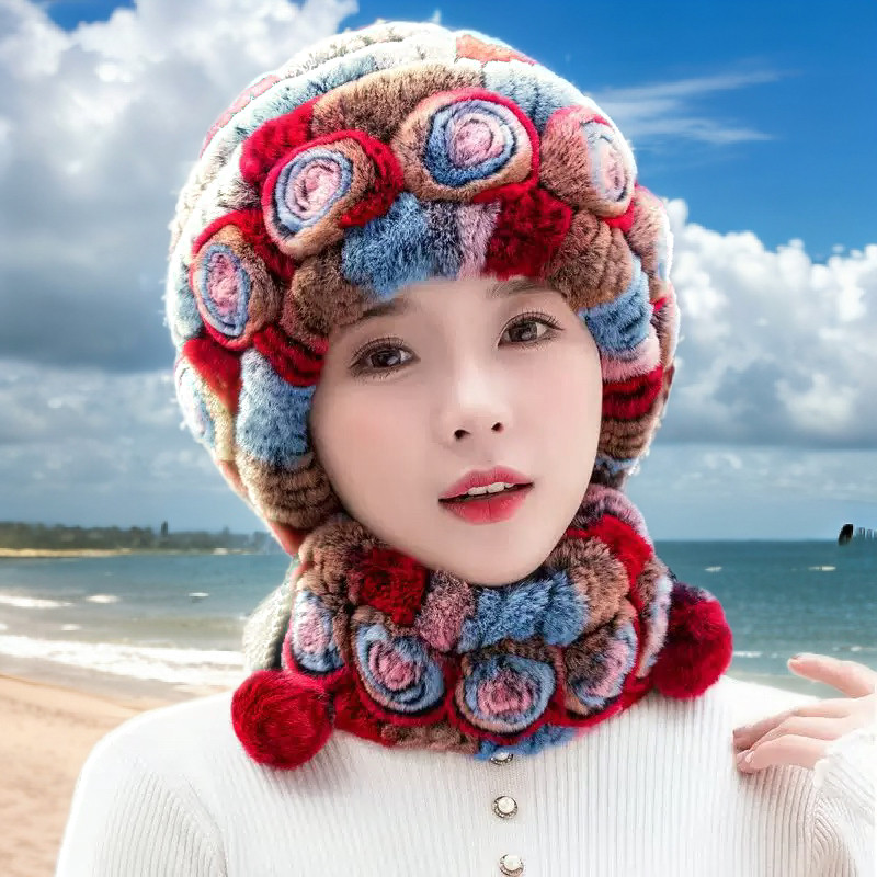 帽子女秋冬季保暖中老年人妈妈护耳帽百搭獭兔毛皮草帽子围巾套装