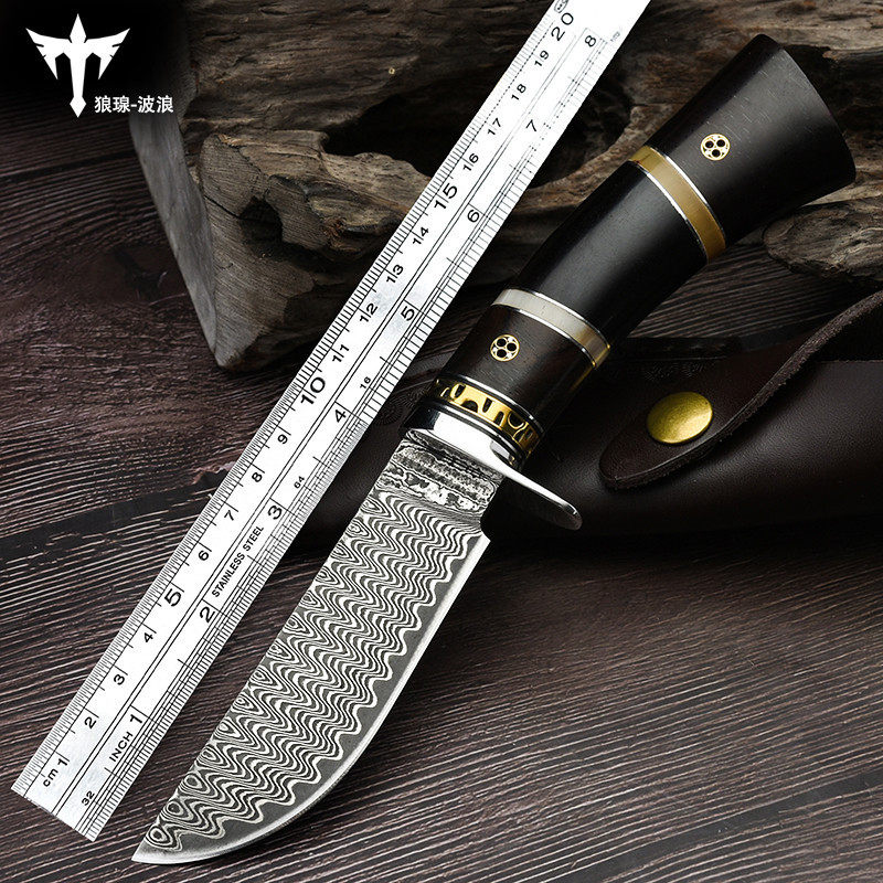 大马士革短刀户外小刀锋利随身刀具 防身 冷兵器 军工刀直刀开刃
