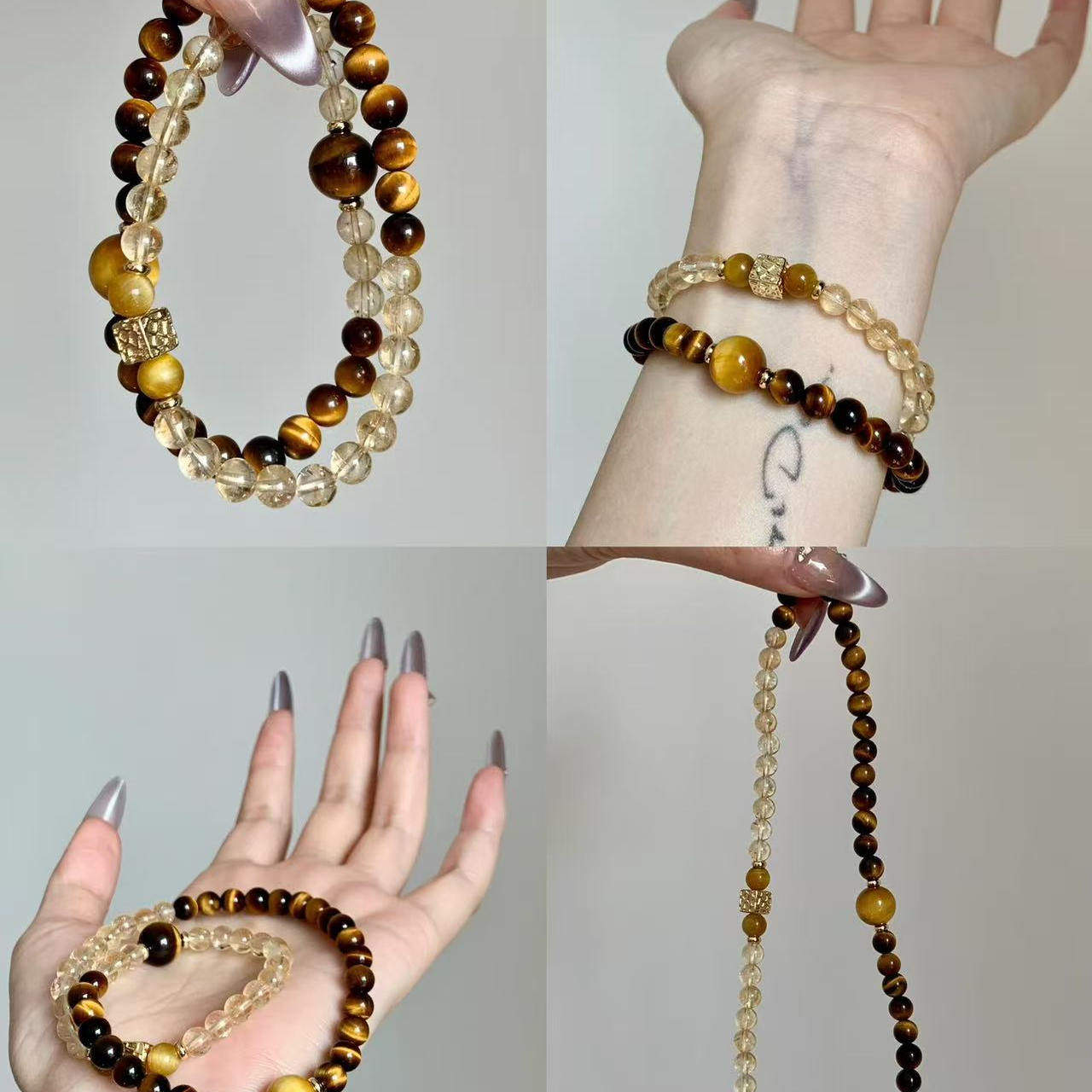 时尚设计款黄水晶黄虎眼双圈手串手链男女同款送朋友送闺蜜礼物