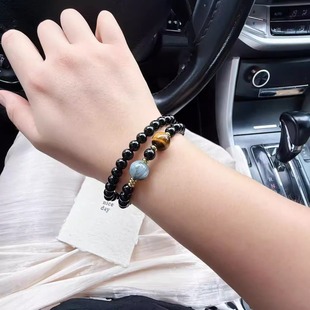 天然黑曜石双圈手串虎眼石鹰眼石本命年转运手链男女多圈送情侣