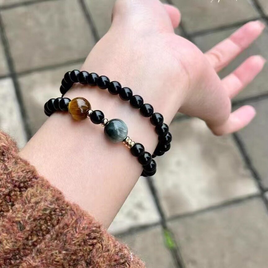 天然黑曜石双圈手串虎眼石鹰眼石本命年转运手链男女多圈送情侣