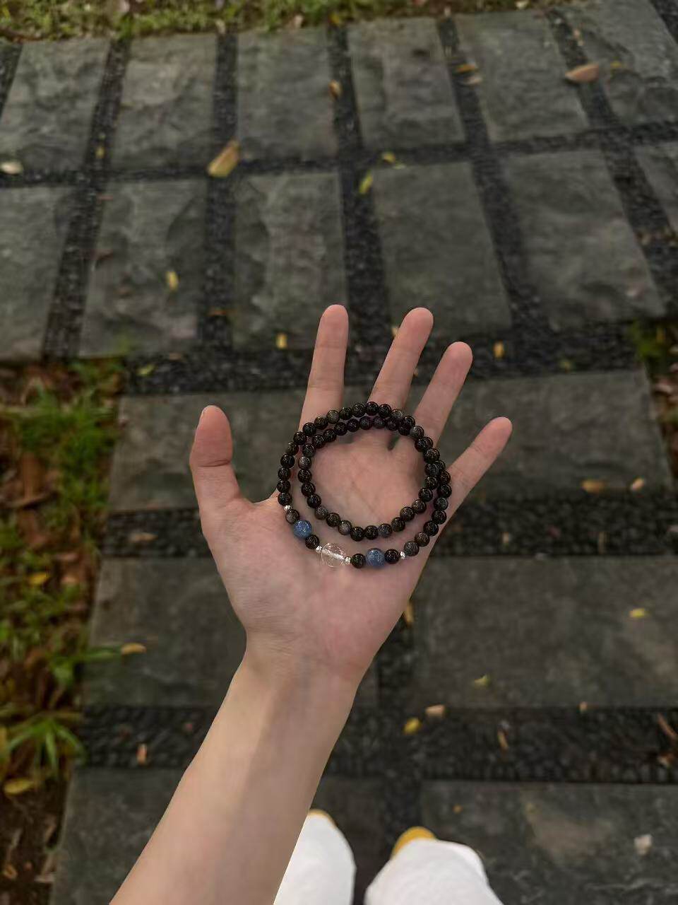 时尚银曜石diy蓝晶石白水晶男女生双圈手串手链送朋友闺蜜礼物潮