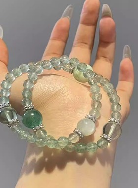 【木系多宝双圈】时尚绿色系水晶手串绿草莓晶绿萤石小众显白手链