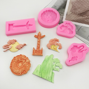 马年祥云图腾柱模具祝寿蛋糕海浪龙年蛋糕装饰巧克力翻糖硅胶模