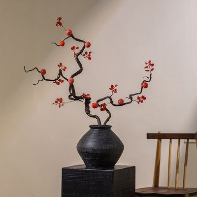 柿柿如意仿真花柿子枯枝假花干花插花客厅轻奢高端禅意装饰品摆件