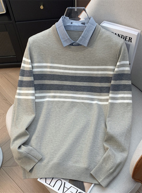 H家、余单！少量现货！燕麦条纹长袖针织衫秋季双领假两件毛衣男