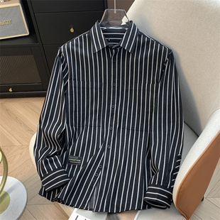 余单 秋季 少量现货 衬衫 宽松休闲外套男 100棉黑白条纹长袖 H家