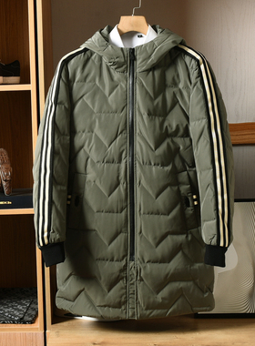 商场撤柜男装绿色连帽织带中长款羽绒服秋冬季舒适保暖灰鸭绒外套