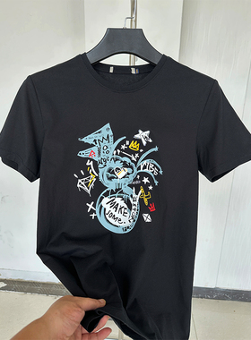 H家、余单！少量现货！黑色抽象印花短袖T恤男圆领全棉图案套头衫
