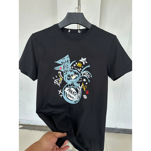 T恤男圆领全棉图案套头衫 H家 黑色抽象印花短袖 少量现货 余单