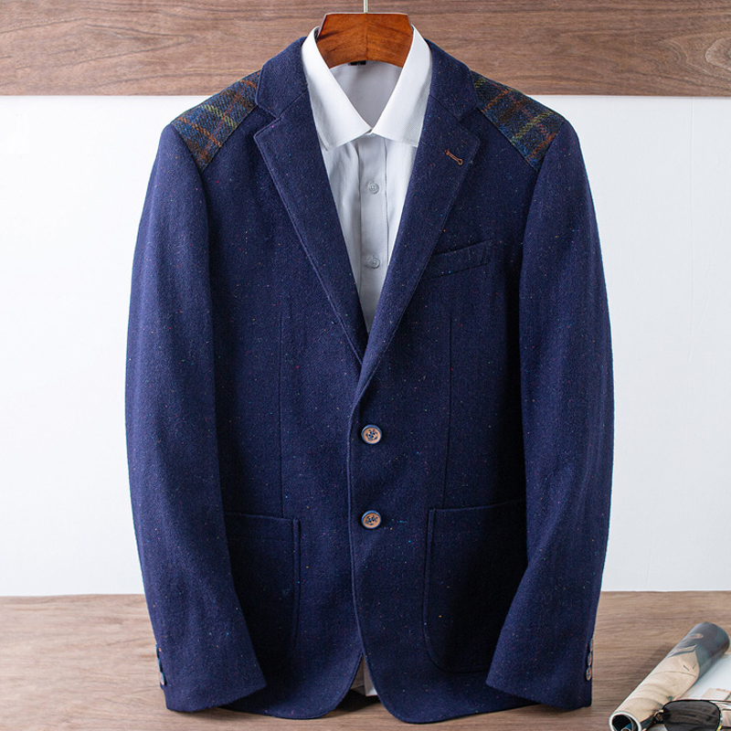 男士单排两粒扣休闲西服男藏青花纹蓝色春秋潮新品时尚羊毛小西装