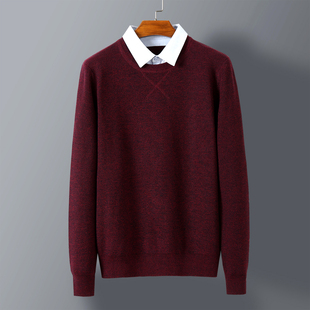 4%羊毛+暗红假两件秋季新品商务休闲衬衫领男针织衫中青年套头衫
