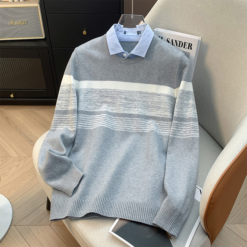 H标、余单！少量现货！ 商务时尚针织假两件灰白条纹拼接男士毛衣