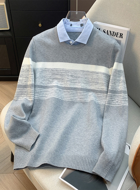H标、余单！少量现货！ 商务时尚针织假两件灰白条纹拼接男士毛衣