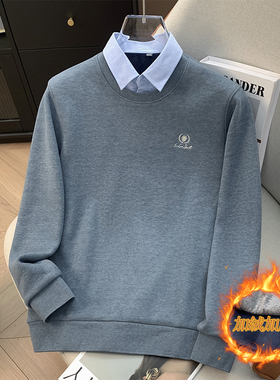 豆家、余单！少量现货！商务时尚加绒加厚假两件衬衫领套头针织衫