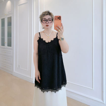 大码女装蕾丝吊带背心夏季新款胖mm显瘦遮肉性感V领花边无袖上衣