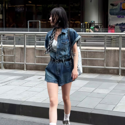 韩国东大门翻领牛仔连体裤女2026夏季新款小众收腰显瘦阔腿短裤潮