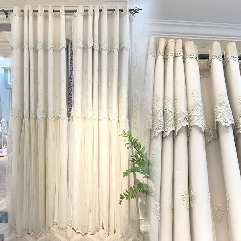 [卡汀]美式现代韩式田园 浅咖色蕾丝纱加厚遮光衬布客厅卧室窗帘