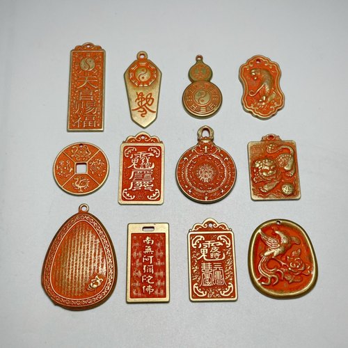 复古黄铜朱砂天官赐福吊坠铜牌鼠兔龙马鸡本命年纯铜挂件饰品