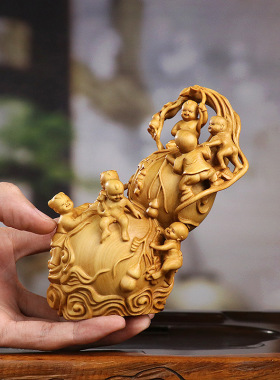 黄杨木雕刻工艺品中式家居装饰木质摆件多子多福葫芦娃收藏品送礼