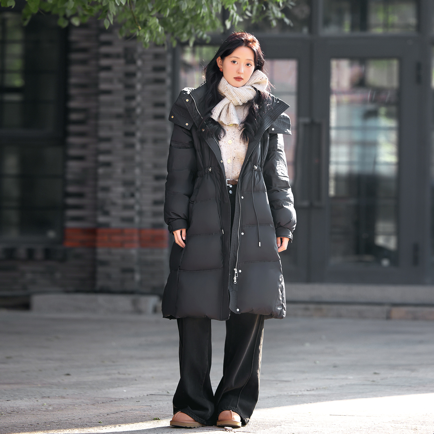 记忆的起点2023冬季新款中长款羽绒服女装黑色显瘦过膝白鸭绒外套